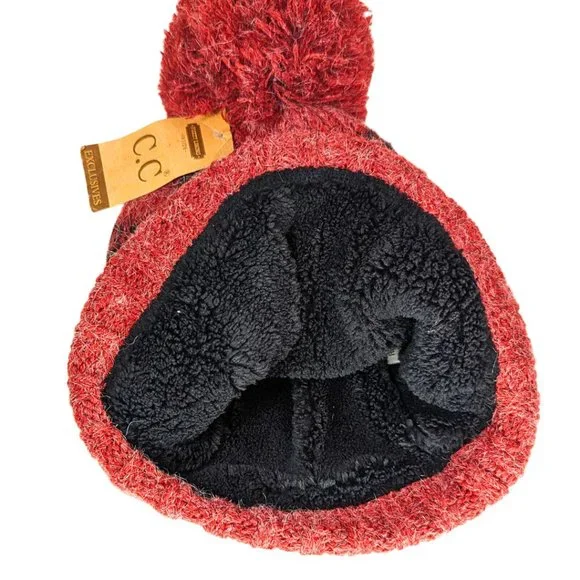 C.C. NWT Fleece Lined Red Plaid Fuzzy Ball Winter Hat Beanie - Picture 5 of 8